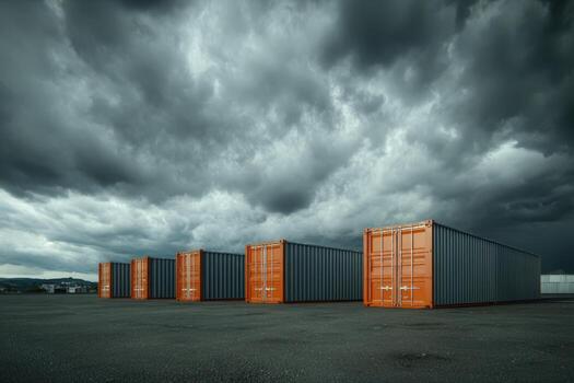Dramatic clouds loom over rows of shipping containers in a storage yard photo