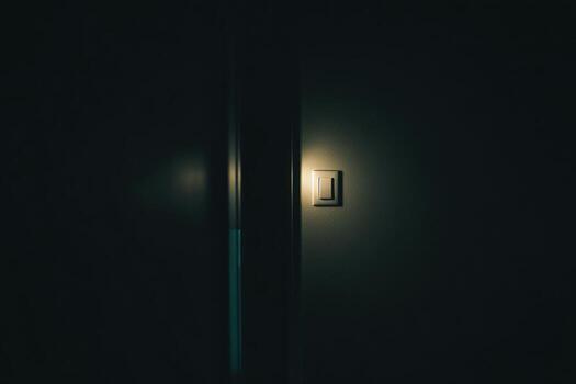 Light switch glowing softly in a dark hallway at night photo