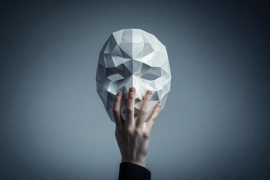 Holding a polygonal mask against a dark surreal background photo