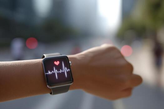Smartwatch displays heart rate on wrist in urban setting during daytime photo
