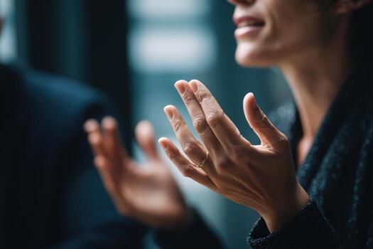 Communicating through sign language in a bright indoor setting photo