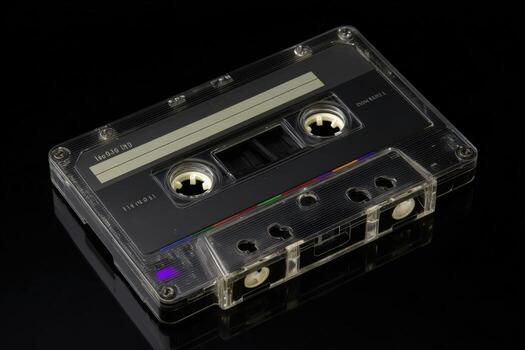 Vintage analog audio cassette resting on a black surface showcasing retro design photo