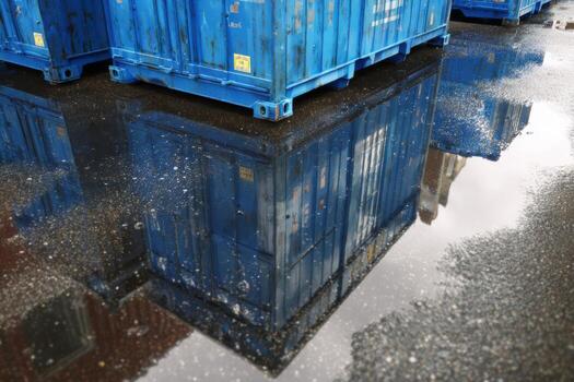 Containers create reflections in water puddle on a rainy day photo