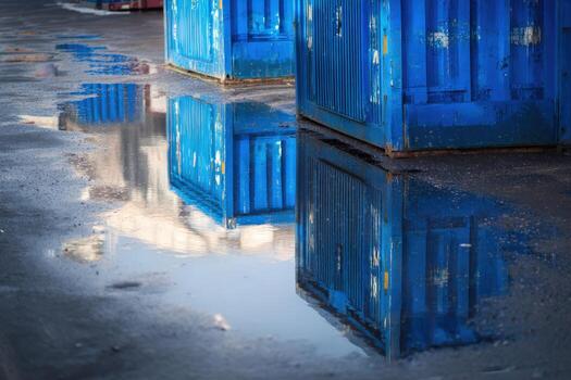 Containers reflect in water puddle at a shipping yard after rain photo