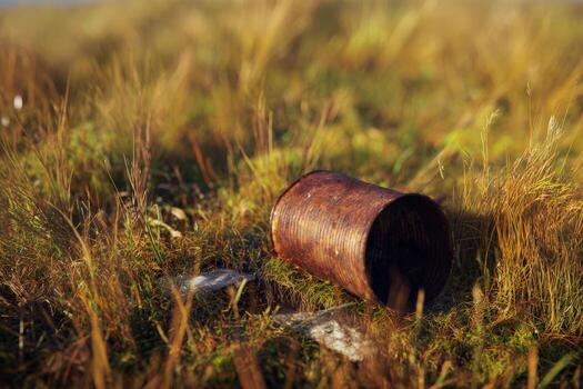 Decay represented by a rusty tin can lying in a grassy field during sunset photo