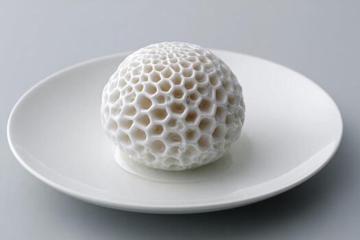 Prototype dessert displayed on a white plate with a unique honeycomb design photo