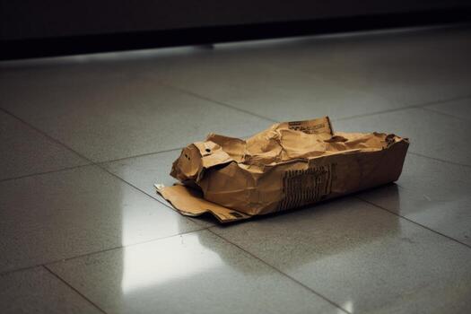 Cardboard box lying on polished office floor during work hours photo