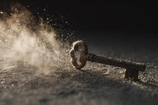 Key breaking apart into fine dust particles on a dark surface photo