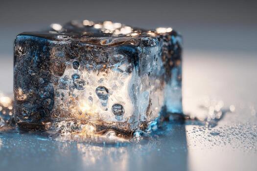 Cube melts slowly under sunlight, creating puddles and shimmering reflections photo