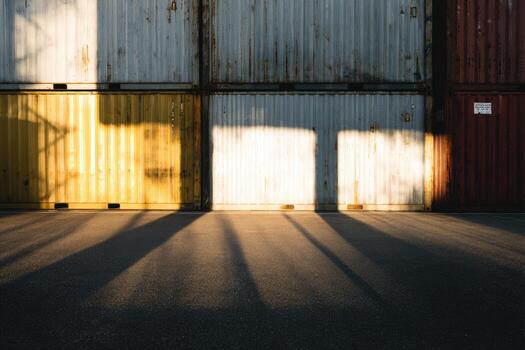 Long shadows cast by sunlight on colorful shipping containers in the yard photo