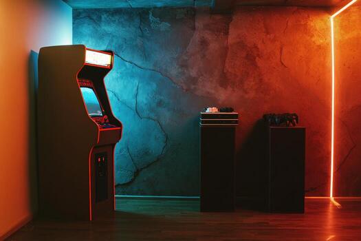 Arcade machine and modern console create a gaming space in a stylish room photo