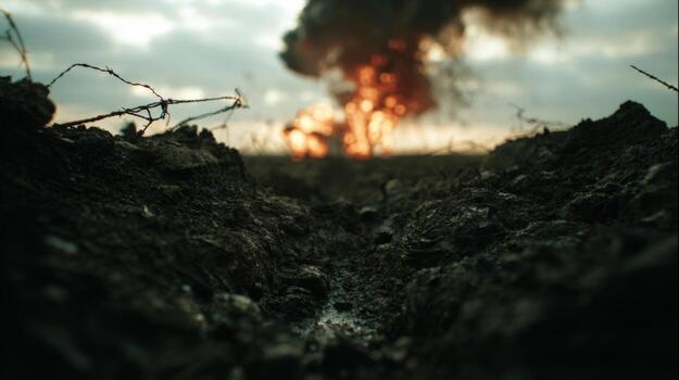 Explosive scene captured on handheld digital cinema rig during twilight hours photo