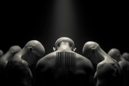 Humans with shaved heads and forward-leaning posture in dark setting photo