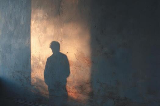 Shadow mimicking human form on textured wall in soft light photo