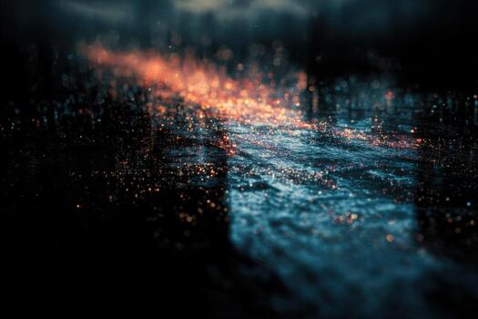 Intricate details of a wet path reflecting vibrant lights at night photo