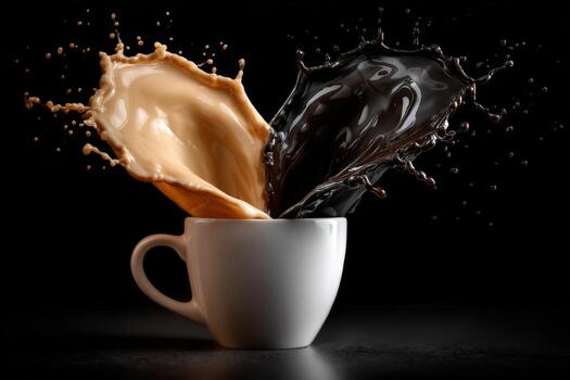 Coffee and milk splash in the air creating a dramatic scene in a caf photo