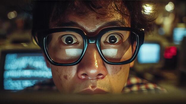 Engaged individual observes data on computer screens in a dark environment photo