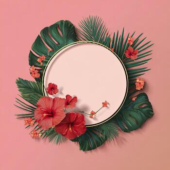 Tropical flowers and leaves in a round frame on a pink background photo