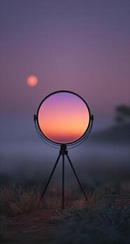 A camera on a tripod with a sunset in the background photo