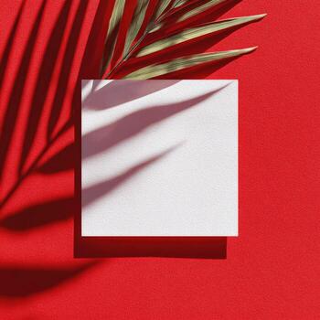 un blanco cuadrado tarjeta en un rojo antecedentes con un palma hoja foto