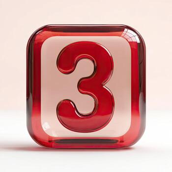 A red glass number three is shown on a white surface photo