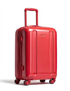 Shiny red travel suitcase with retractable handle and four wheels, isolated on a white background photo