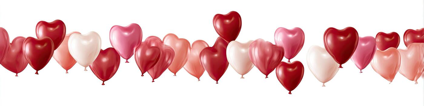 A horizontal string of heart-shaped balloons in varying shades of red, pink, and white photo