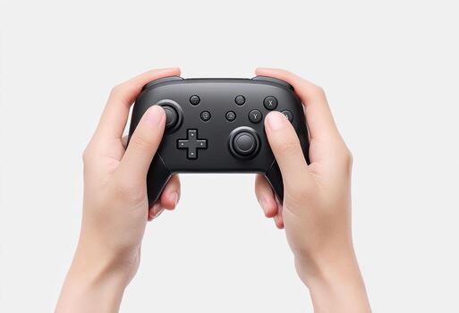 Human hands hold a sleek, black gaming controller, isolated on a white backdrop photo