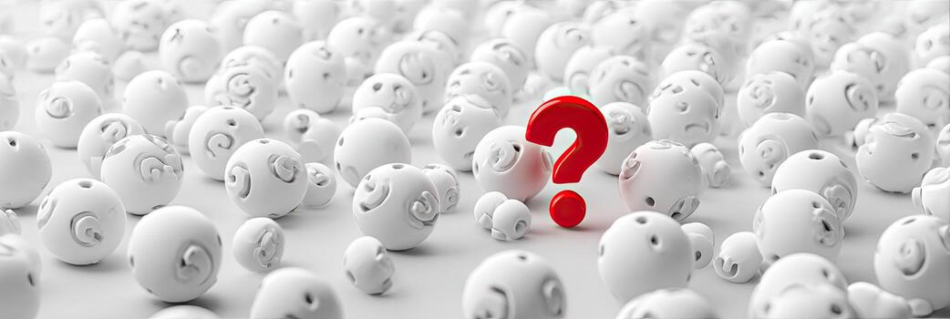 A red question mark stands out amidst many white, patterned spheres, a concept of uncertainty photo