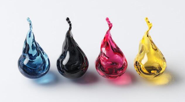 Four vibrant ink droplets, cyan, magenta, yellow, and black, in a dynamic splash form, displayed against a plain white background. A close-up view highlights the liquid's texture and color photo