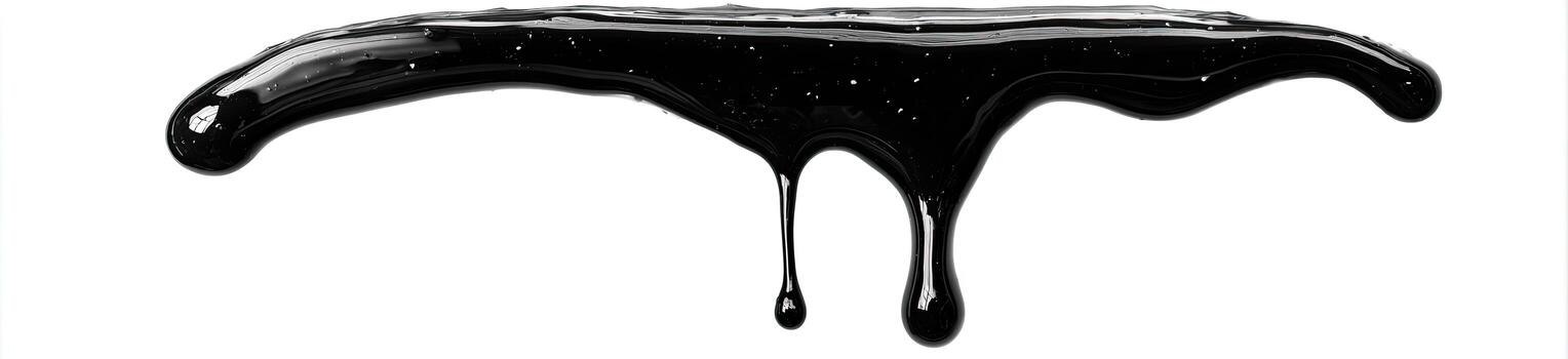 Black, glossy liquid, dripping from a horizontal pool against a white background photo