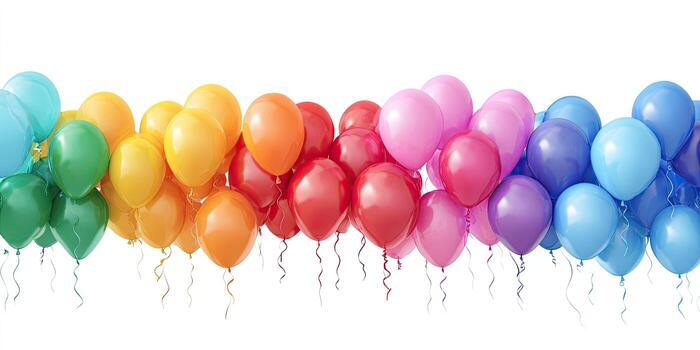 A vibrant wave of colorful balloons in a rainbow gradient floats against a white background photo