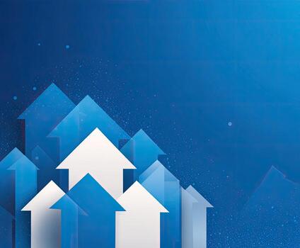 Blue gradient background with stylized, upward-pointing arrows of varying sizes photo