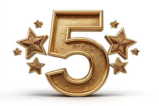 A golden numeral five surrounded by sparkly stars, suggesting top rating photo