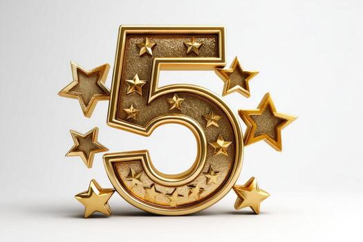 A gold number 5, adorned with stars, on a white background. It appears three-dimensional photo