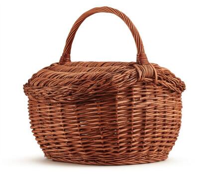 A woven brown basket with a rounded shape and a handle arching over the top photo