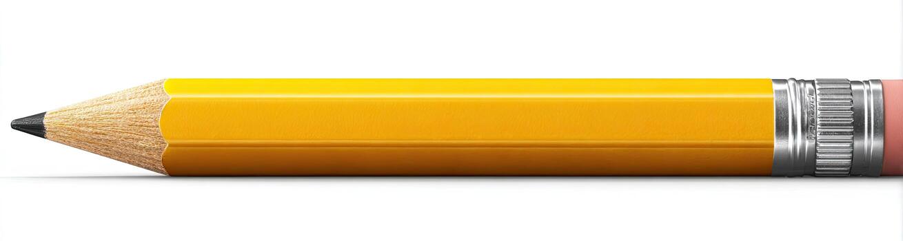 un amarillo lápiz mentiras horizontalmente, sus propina afilado a un punto. el borrador es rosado foto