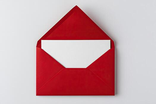 A vibrant red envelope, open, revealing a blank white card against a plain white backdrop photo