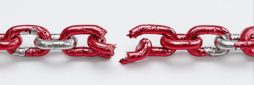 A broken chain of metallic red links, showing separation against a clean, white backdrop photo