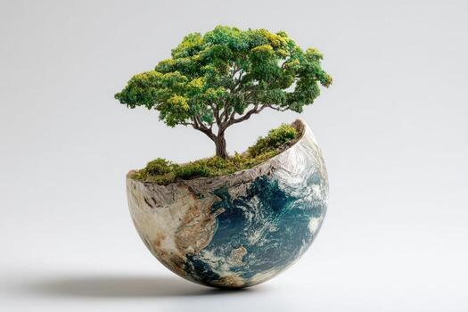 Miniature tree growing from a cracked globe, representing environment and nature photo