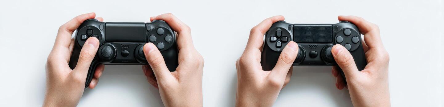 Two hands holding a black game controller, over a white surface. Close-up view photo