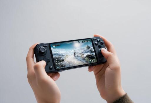 Hands holding a handheld gaming device, playing a game with a snowy landscape photo