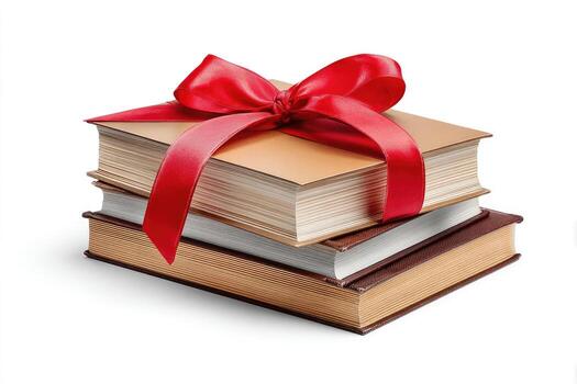 Stack of books with red ribbon, representing a gift. White background photo