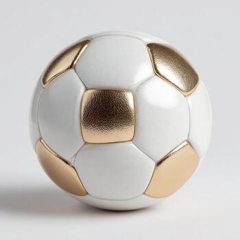 A soccer ball, white and gold, is displayed against a soft grey background, top-down shot photo