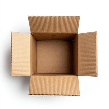An overhead view of an open, empty, corrugated cardboard box, with flaps extended photo
