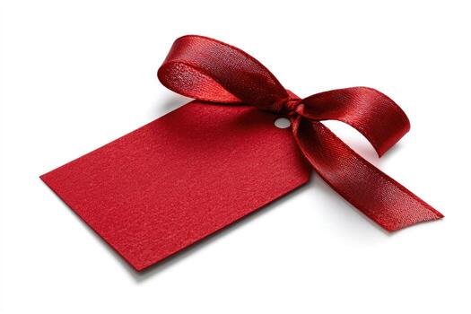 A red rectangular tag with a hole, tied with a silk bow on a white background photo