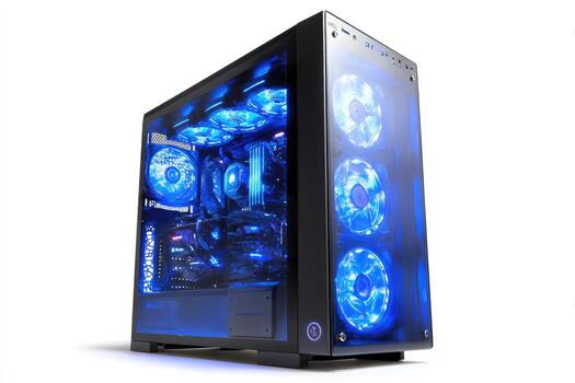 A black computer tower with glass panels and glowing blue LED lights showcasing internal components photo