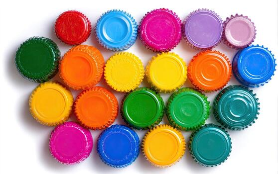 Assortment of brightly colored, metallic bottle caps arranged on a white background photo