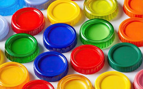Close-up of colorful, round plastic bottle caps, arranged on a white surface photo