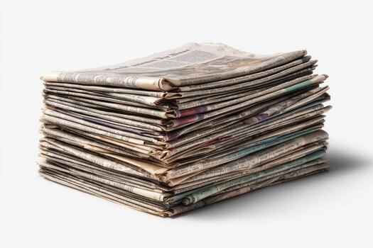 A stacked pile of printed news publications with visible text and creases, shot on white photo